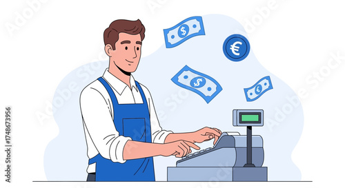 The Accountant Working At The Cash Register Counting Money In A Store Illustration