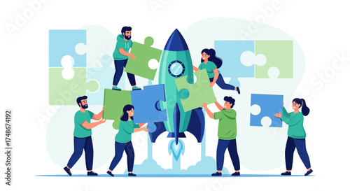 Teamwork Assembling a Rocket, Launching Success, Achieving Collaborative Goals Perfectly United