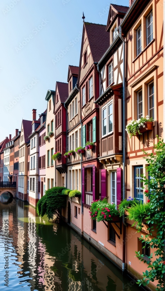 Fototapeta premium Half-timbered houses line picturesque canals, showcasing Strasbourg's unique architectural charm. Colorful facades and intricate details create a captivating s, old town, building, charming