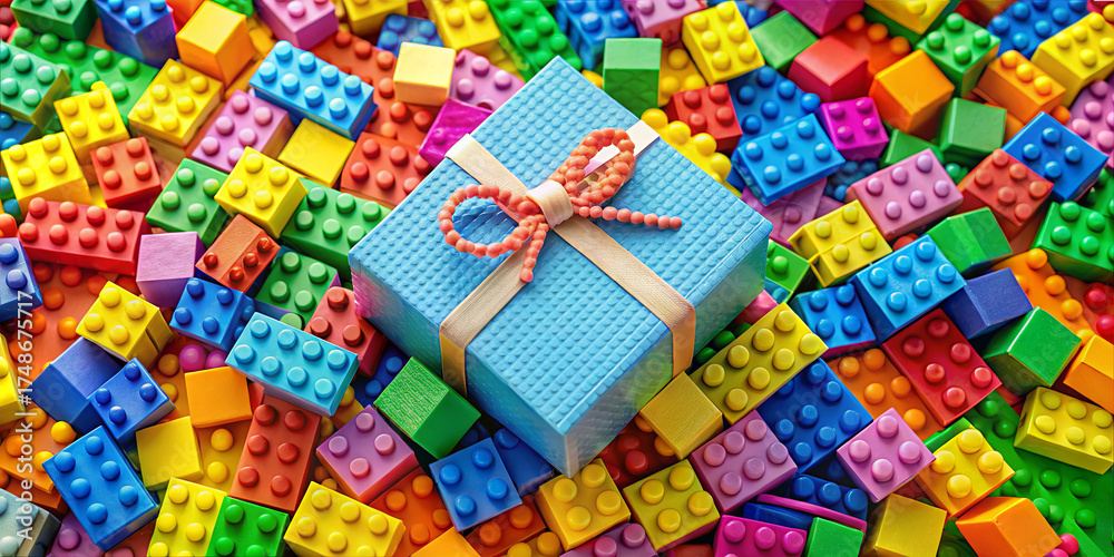 Fototapeta premium A wrapped gift box sits in the center of a colorful array of blocks. The scene is bright and playful, ideal for children's creativity and imaginative play