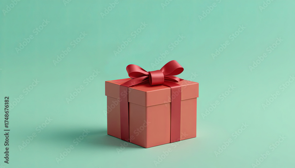 Obraz premium A small, neatly wrapped box in a warm coral color features a shiny red ribbon and bow. It sits on a soft pastel green background, suggesting anticipation and joy for a special event