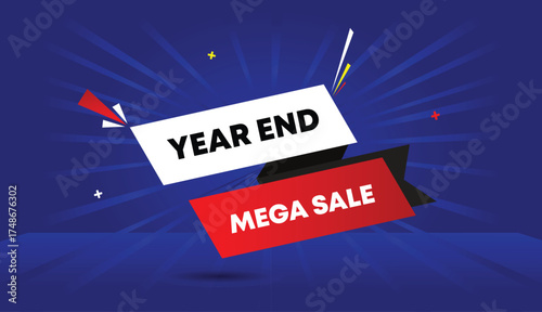 year end mega sale web banner vector art template design badge icon label white red gradient black gray shapes bold text dark blue light sun shine abstract business background modern style promotion
