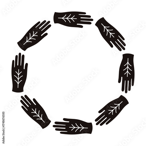 Vector circle frame with black mystical hands with white symbolic lines on white background. Magical occult hand wreath illustration for Halloween, witchcraft, tarot, invitation, mysterious design.