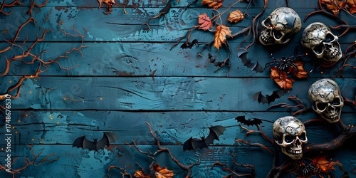 Spooky Halloween Flat Lay with Skulls, Leaves, and Branches on Dark Blue Wood Texture