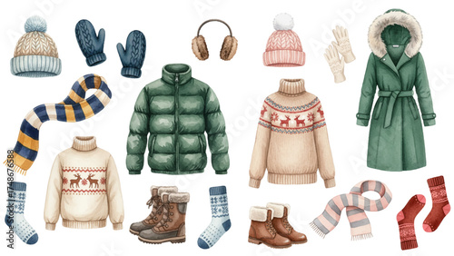 Variety of essential cozy winter clothing and accessories vector collection. Family look of puffer jackets, fur-hooded coats, Nordic-style sweaters, knitted hats, scarves, warm gloves, snow boots