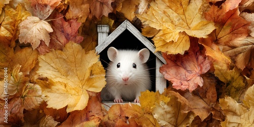 Beautiful domestic rat in autumn leaves. Nature, beauty, animals. For designers, marketers, IT. Popular image, illustration.