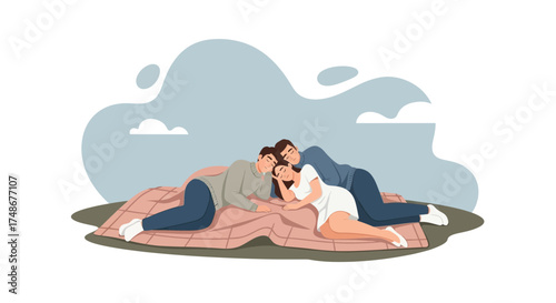 Trio Embracing in Leisure, Picturing Tranquility, and Connection On a Blanket Outdoors