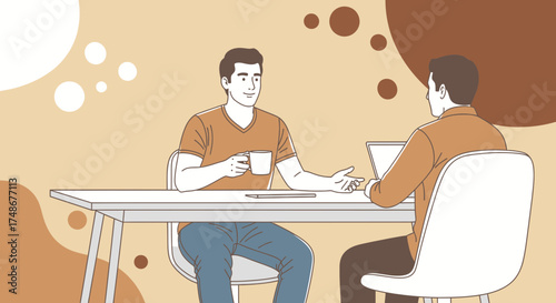 Two Men Discussing Business over Coffee at a Table with a Laptop Together