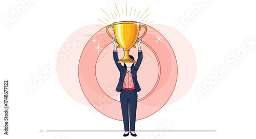 Triumph: A Businesswoman Celebrates Success Holding a Trophy Cup in Victory