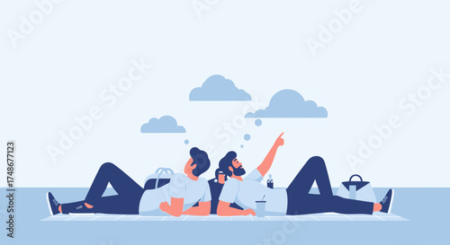Two Men Enjoying a Casual Daydream Under the Clouds with Beverages Around Them