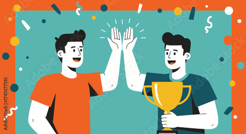 Two men high-fiving and celebrating with a trophy, success and teamwork concept