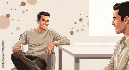 Two Men in Casual Conversation, Coffee Break Discussion, Positive Communication Moment