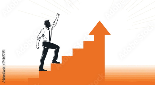 Triumph Ascending: Businessman Achieving Success, Climbing Stairs to Reach Goal, Vector Illustration