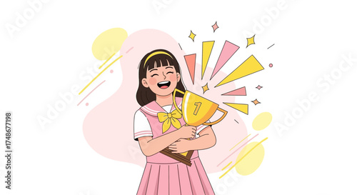 Triumph Celebration: Winner Joyously Grips Trophy Illustrating Achievement and Victorious Moments