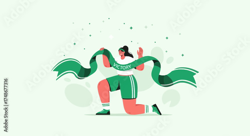 Triumphant Athlete Celebrates Crossing Finish Line With Green Victory Ribbon Illustration