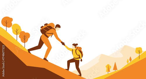 Two People Hiking Up a Hill with Assistance Depicting Teamwork and Support  between people
