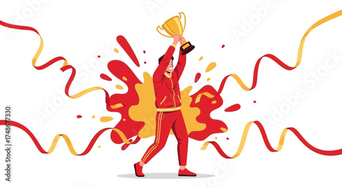 Triumphant Athlete Celebrating Victory with Trophy and Festive Streamers Decoration