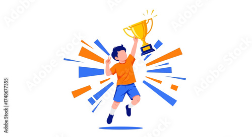 Triumphant Boy Celebrating Victory by Holding Up a Golden Trophy and Achieving Success