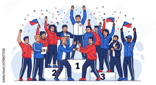 Triumphant Athletes Celebrating Victory on Podium with Flags and Festive Confetti