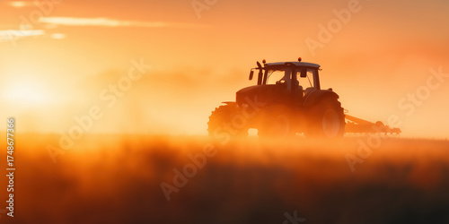 Tractor working in a golden field at sunrise. Agriculture, sustainability and rural life banner concept with copy space
