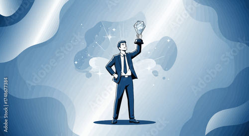 Triumphant Businessman Celebrating Success Holding Trophy In A Stylized Background
