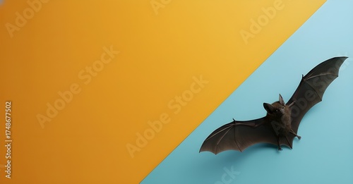 Minimalist Halloween Banner with Toy Bat on Orange and Blue Color-Blocked Background