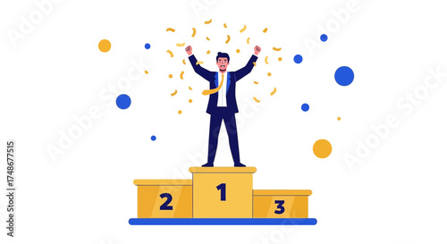 Triumphant Figure Celebrates Victory On A Podium With Animated Confetti and Dynamic Composition
