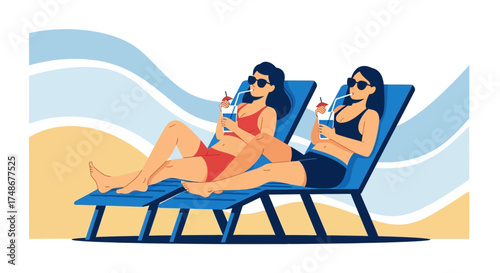 Two Sunbathing Women Drinking Cocktails on Beach Loungers Enjoying Leisure Time