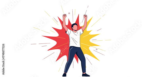 Triumphant Figure Celebrating A Victory Against A Colorful Geometric Burst Background Design