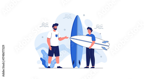 Two Surfers Holding Surfboards Ready to Ride the Waves Surfing as a Hobby Vector Illustration