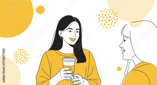 Two Women Chatting and Drinking Coffee in an Abstract Vector Illustration.
