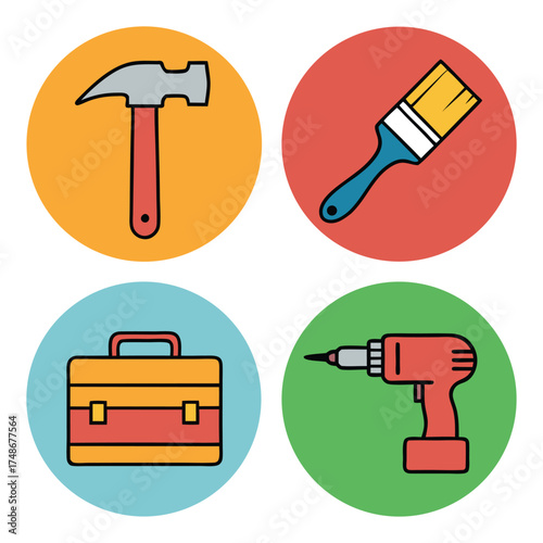 Set of construction tool icons including hammer paintbrush toolbox and drill flat design element for construction and renovation projects