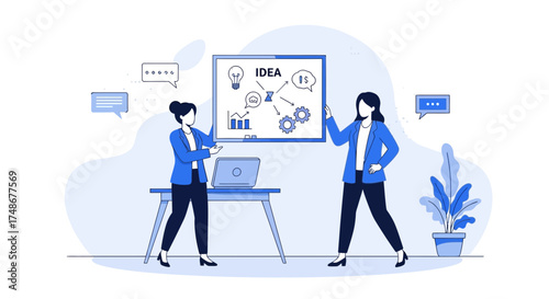 Two women collaborating on a business idea presentation with a whiteboard
