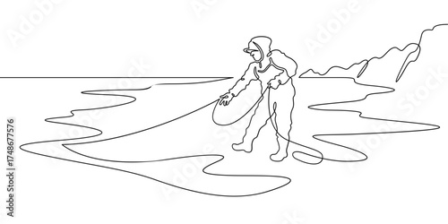 Continuous single line drawing Fisherman with a net. Fisherman on the seashore. Fishing. Linear design. One continuous line isolated minimalist illustration. Not AI.