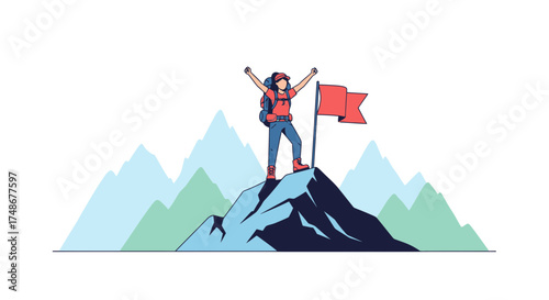 Triumphant Hiker Celebrating Success on Mountain Peak, Victory and Achievement Achieved