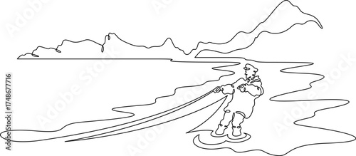 Continuous single line drawing Fisherman with a net. Fisherman on the seashore. Fishing. Linear design. One continuous line isolated minimalist illustration. Not AI.