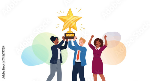Triumphant Team Celebrates Victory, Holding a Giant Trophy, Achieving Success Together