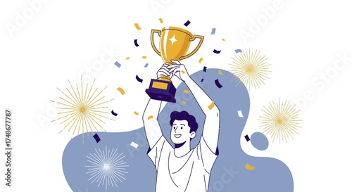 Triumphant Victor Celebrating Achievement And Success By Holding Up A Golden Trophy