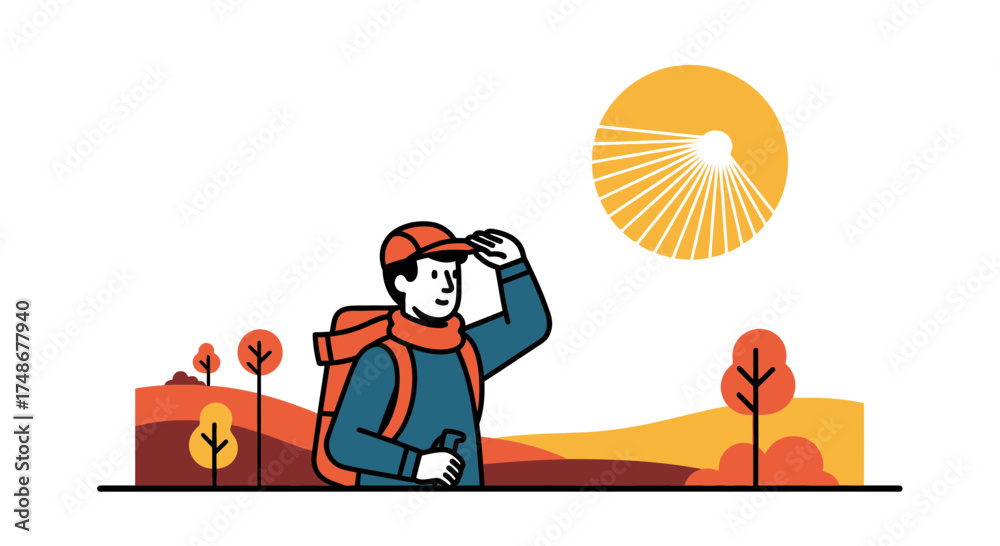 Obraz premium Vector illustration of a hiker enjoying a sunny day in nature, looking ahead