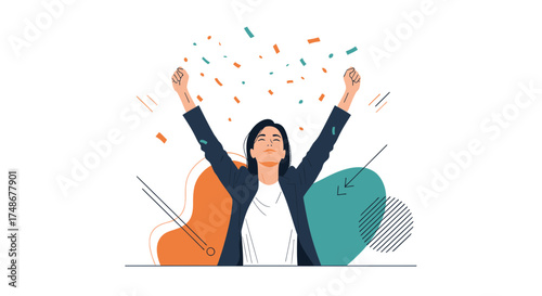 Triumphant Woman Celebrating Success With Joy Amidst Decorative Confetti and Abstract Shapes