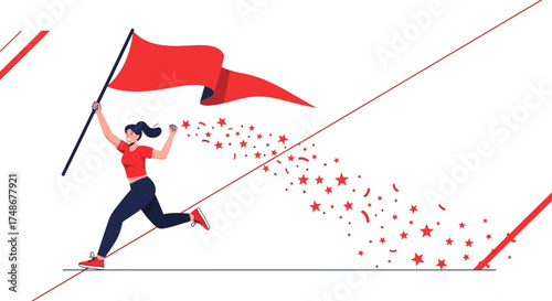 Triumphant Woman Celebrating Victory With Fluttering Flag Across A Finish Line