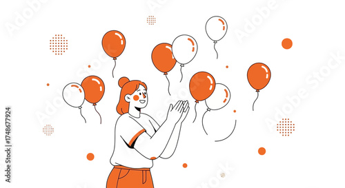 Vector illustration of a cheering woman with balloons, perfect for celebration