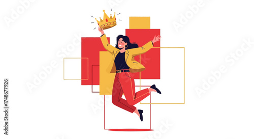 Triumphant Woman Holding Crown, Achieving Success with Joyful Celebration and Happiness