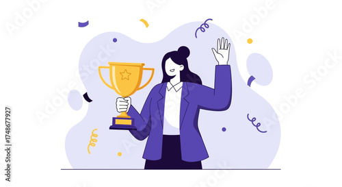 Triumphant Woman Holding Trophy Celebrates Victory and Achieves Success with Joyful Expression