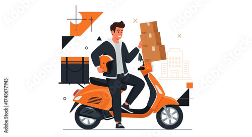 Vector illustration of a delivery man with packages riding a scooter in the city