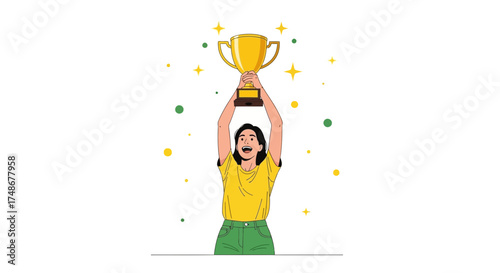 Triumphant Woman Shows Gold Trophy Above Head To Symbolize Victory And Achievement