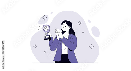 Triumphant Woman Holding Trophy Celebrating Achievement and Success with Joyful Expression