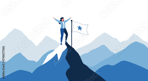 Triumphant Woman Reaches Peak, Celebrates Success With Starry Flag Upon Mountain