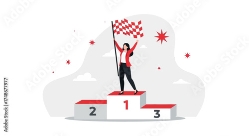 Triumphant Woman Upon Podium Celebrating Success and Achieving Victory in Celebration