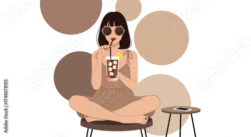 Vector illustration of a stylish woman enjoying a refreshing iced coffee on a sunny day